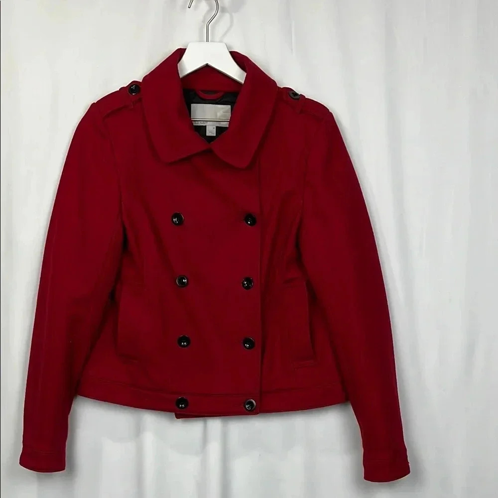 Old Navy Womens Jacket M Red Double Breasted Long Sleeve Epaulets Lined 70% Wool